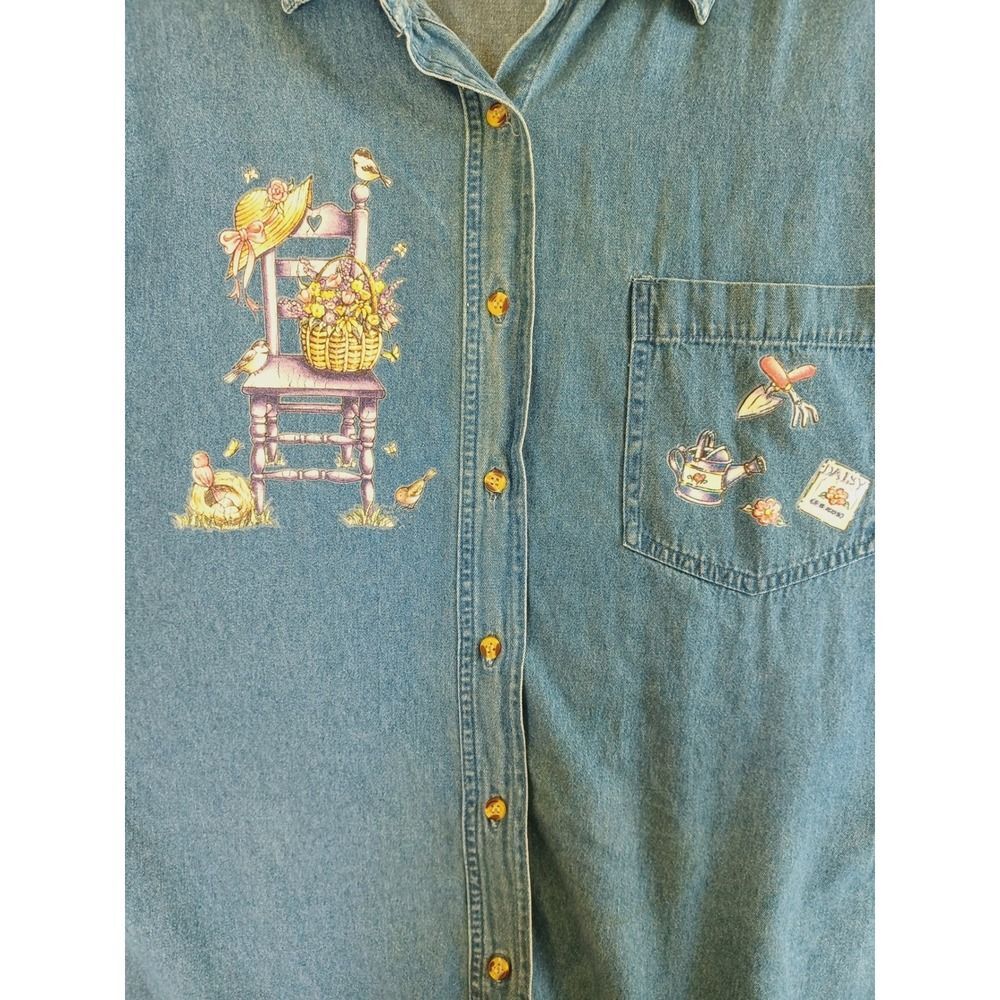 Ptny Denim Shirt 3X‎ Bird Floral Garden Artsy Short Sleeve Cottagecore Applique